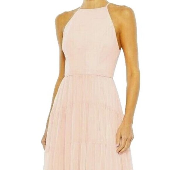 Mac Duggal Blush Peach Halter Neck A-Line Tiered Gown